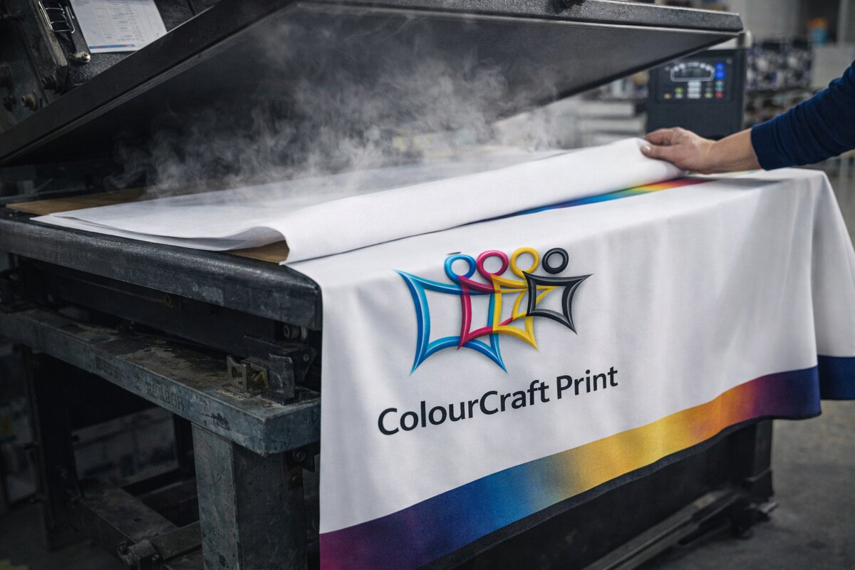 Large format banner coming off the press at ColourCraft Print